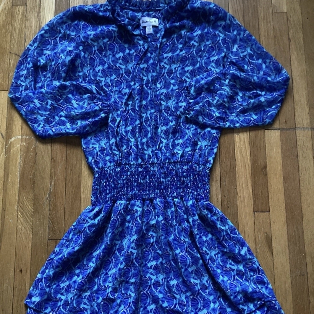 Veronica M Ladies Size Small Blue/White Geomertic Print Long-Sleeve Dress,USA